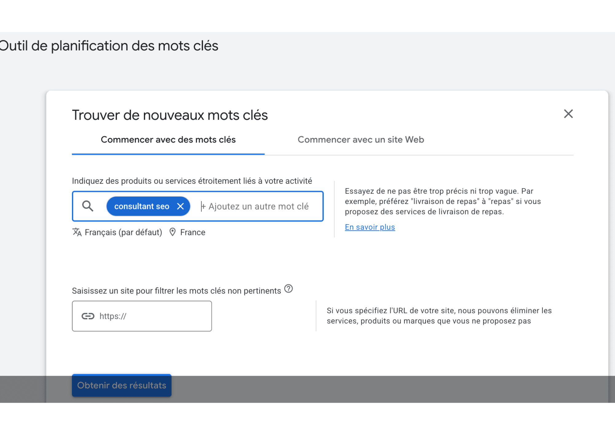 Outil de planification des mots-clés Google, sur Paris